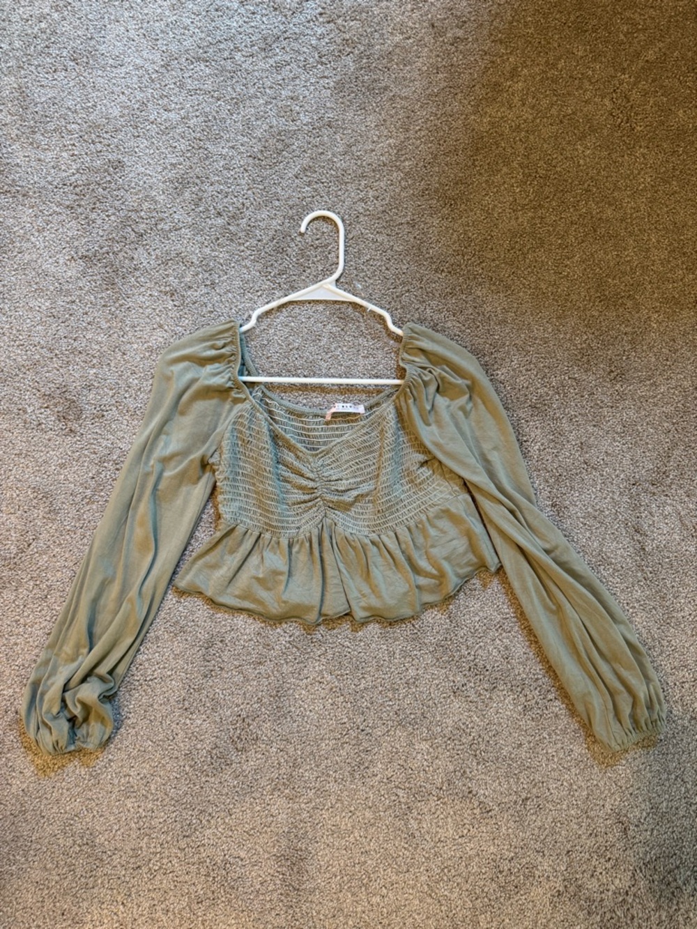 Blue Blush Sage Green Smocked Peasant Crop Top